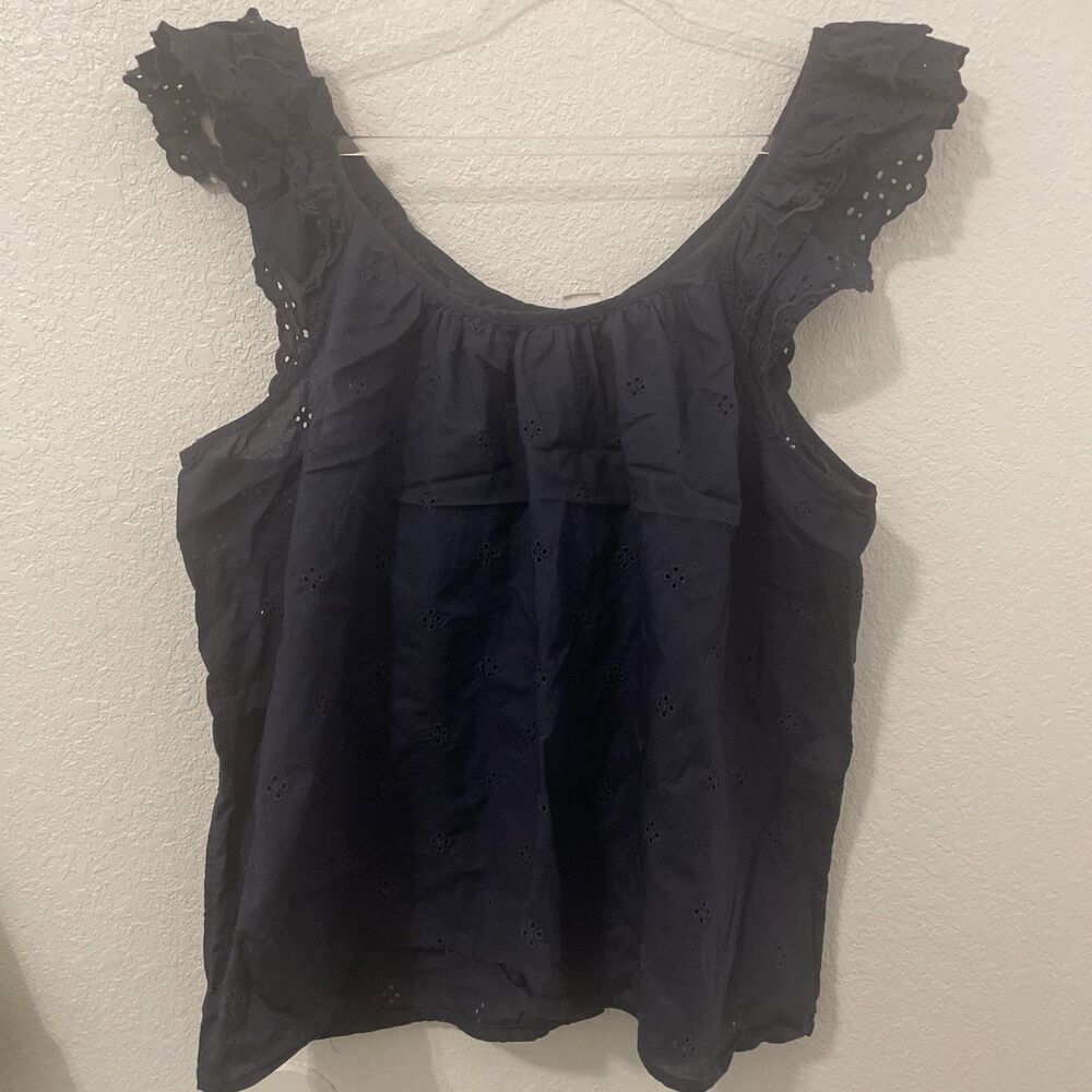 GAP Navy Blue Eyelet Tank Top XXL Ruffle Sleeve Scoop Neck Blouse Cottagecore